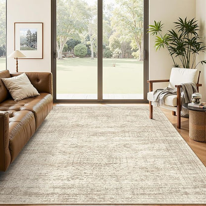 Soalmost 5x7 Area Rugs Beige Low Pile Indoor Washable Trendy Faded Style Rugs for Bedroom Living Room Dining Room Foldable Non-Slip Thin Print Home Office Mat