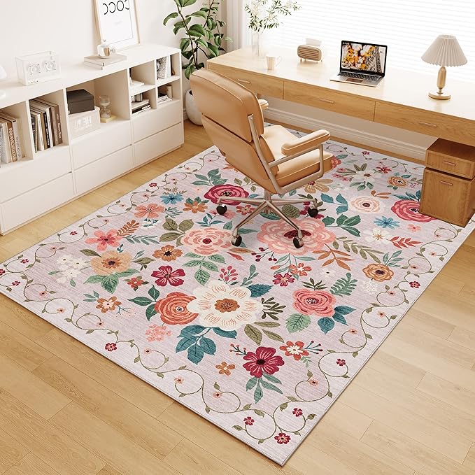 DUKINO 6x9 Area Rug, Floral Rugs for Living Room, Lightweight Non Slip Washable Rug, Indoor Low Pile & Non-Shedding Boho Design Rugs for Bedroom, Living Room, Dining Room, Beige