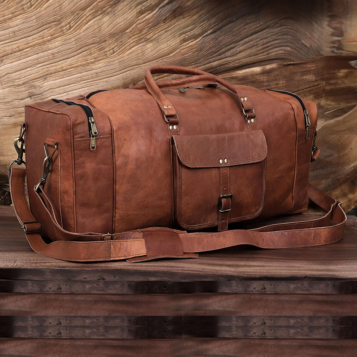 KK's Vintage Leather Duffel Bag, Handcrafted, Stylish & Durable, Ideal for Gym, Travel, Genuine Leather Travel Bag, Brass Rivets & Zippers Size 28"(L),12"(D), 11"(H) Inch