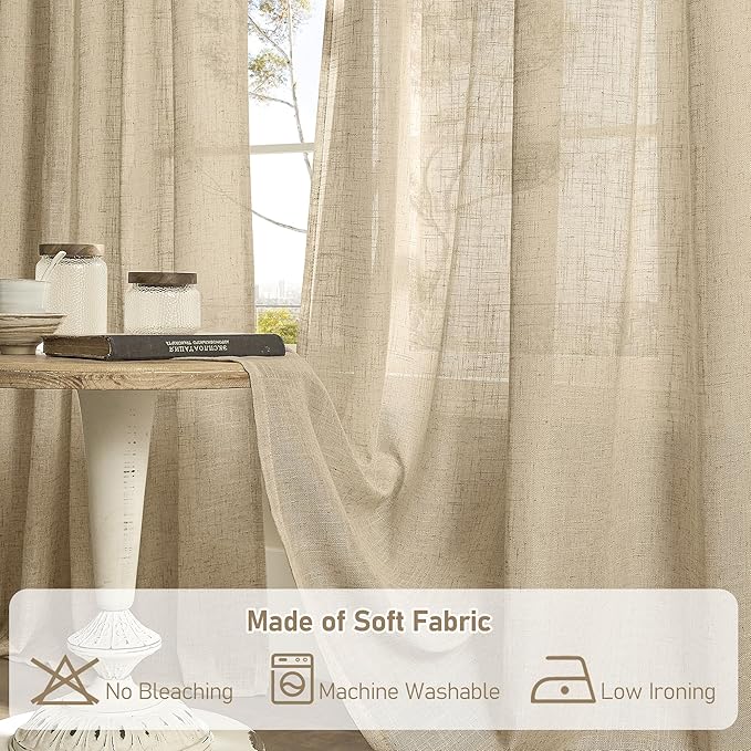 LAMIT Faux Linen Curtains 63 inches Long for Bedroom, Back Tab and Rod Pocket Linen Drapes Light Filtering Semi Sheer Curtains for Small Window/Farmhouse, 2 Panels (38 x 63 Inch, Brown)