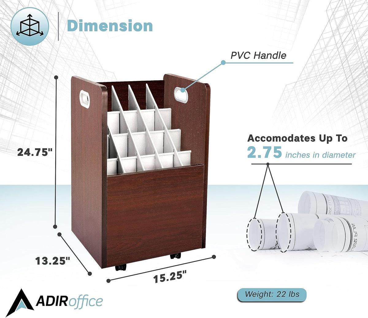 Adir Blue Print Storage Organizer - Mobile Roll File Cart, Construction Plan Holders, Blueprint Cabinet with Wheels, Roll Files Storage for Office and Home (20 Slots, Mahogany)