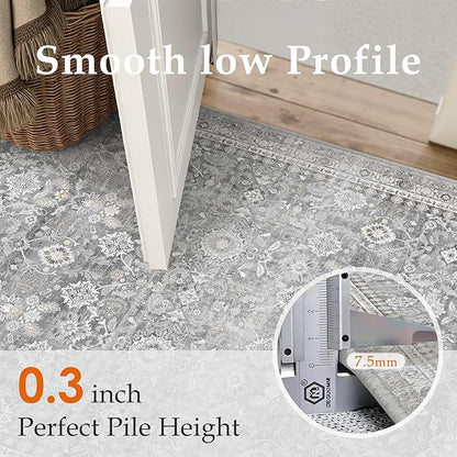 5x7 Grey Modern Washable Area Rug for Living Room Distressed Floral Non Slip Throw Rug Indoor Low Pile Carpet Accent Stain Resistance Bedroom Playroom Office Classroom Nursery