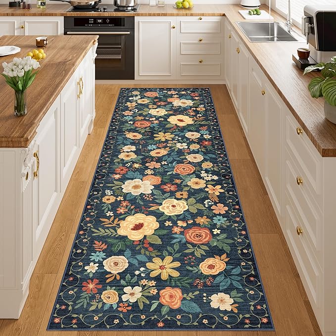 DUKINO 3x10 Runner Rug for Hallway, Washable Kitchen Floral Runner Rug with Non Slip Backing, Low Pile Soft Boho Carpet for Kitchen, Hallway, Entryway, Laundry, Bedroom, Navy Blue