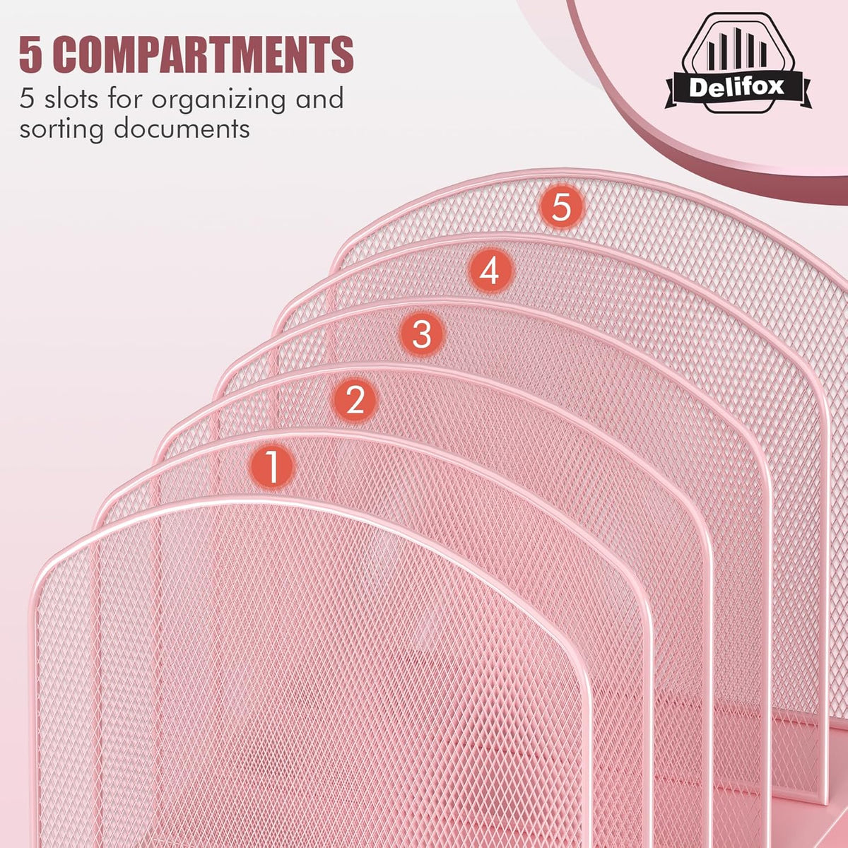Inclined Desk File Organizer, 5-Section Vertical File Folder Holder Stand Metal Rack File Sorter for Office Classroom Desktop Organization (Pink, 2Pack)