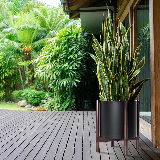 D'vine Dev Planter Pot with Stand - 14 Inch Plastic Cylinder Flower Pot with Wood Planter Holder for Indoor, Matte Black Pot + Walnut Color Stand, 55-C-R-2