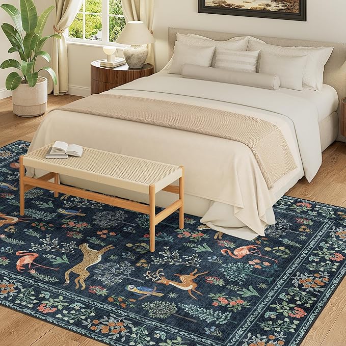 DUKINO 5x7 Rug, Washable Animal Living Room Rug with Non Slip Vintage Design, Soft Low Pile Large Carpet for Bedroom, Nursery, Dining Room, Farmhouse, Playroom, Navy Blue