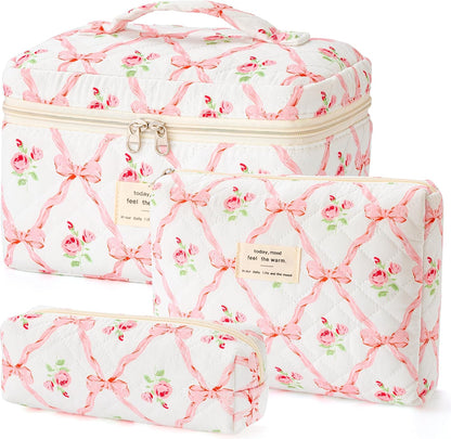 HBselect Quilted Makeup Bag, 3PCS Cotton Large Travel Makeup Bag, Cute Floral Coquette Make up Bag Cosmetic Bag Toiletry Bag for Women Girls