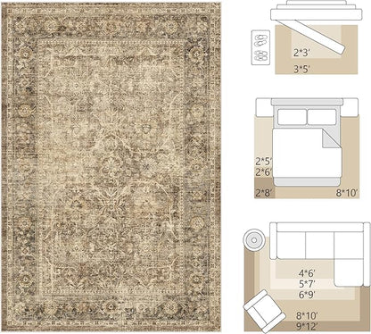 FMFUNCTEX 4x6 Washable Area Rug Neutral Vintage Brown Non Slip Low Pile Traditional Indoor Carpet for Entryway Living Room Bedroom Soft Retro Floral Mat Throw Rug for Dining Office Kitchen Entryway