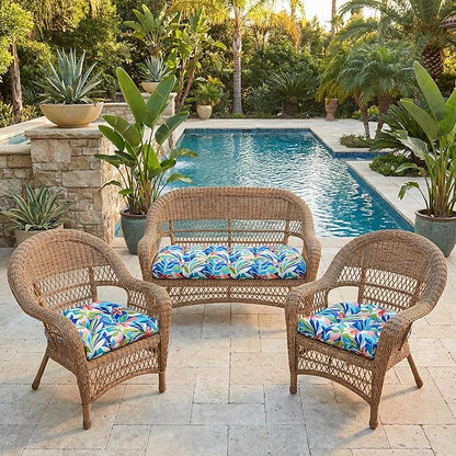 RSH DECOR: 3-Piece Tufted Wicker Cushion Set -41”x19 & 19"x19" Outdoor Wicker Loveseat Cushions & U-Shape Chair Cushions for Patio Furniture - All-Weather Spun Fabric (SOMAP Multi) - Made in USA