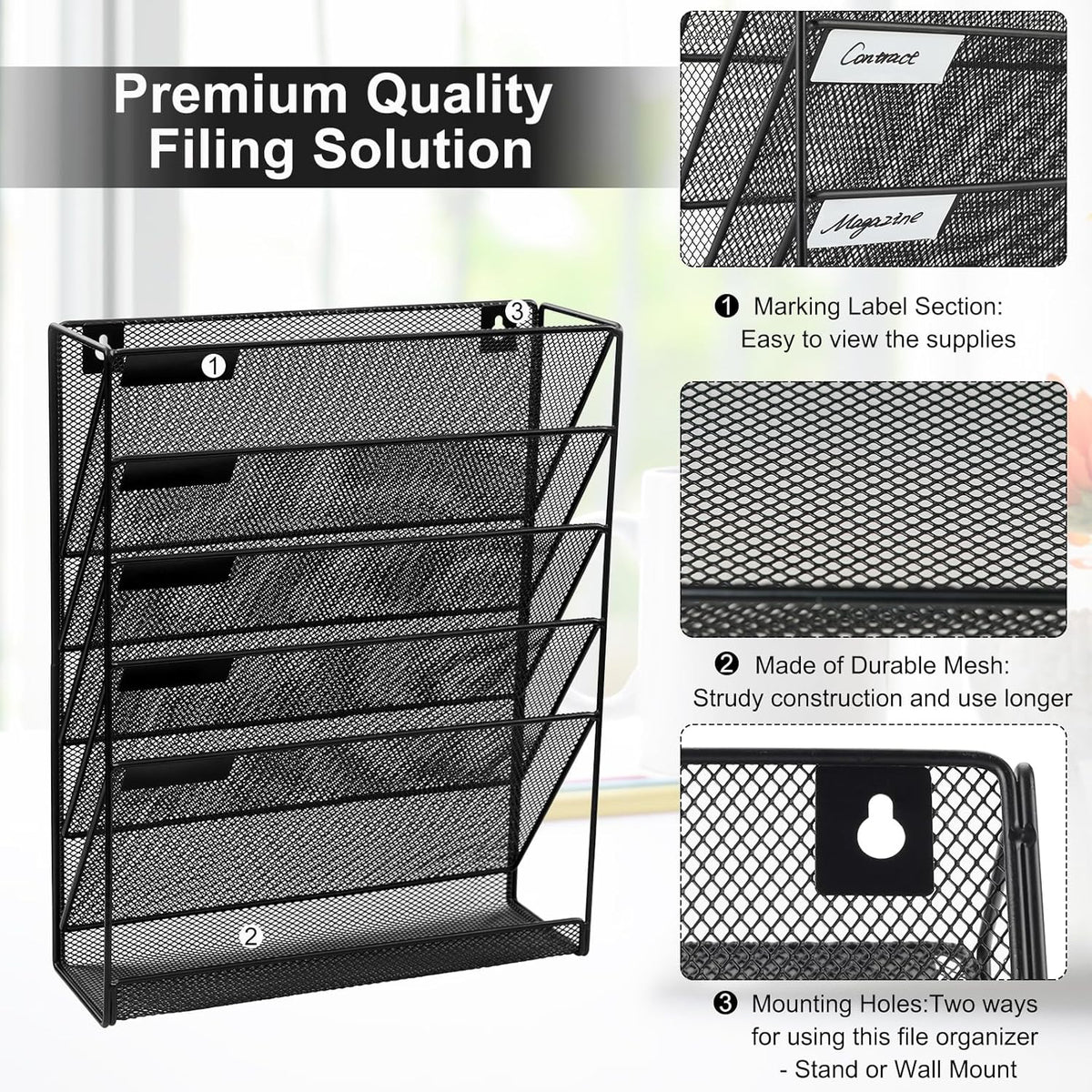 EasyPAG Wall File Holder 5 Tier Vertical Hanging File Organizer Wall Mount Paper Folder Rack with Bottom Flat Tray for Office and Home,Black