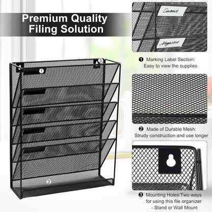 EasyPAG Wall File Holder 5 Tier Vertical Hanging File Organizer Wall Mount Paper Folder Rack with Bottom Flat Tray for Office and Home,Black