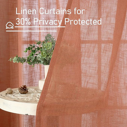 LAMIT Short Linen Window Curtains 30 Inches Long 2 Panels, Terracotta Semi Sheer Light Filtering Panels Back Tab and Rod Pocket Fall Drapes for Basement/Small Windows, 34 x 30 Inch