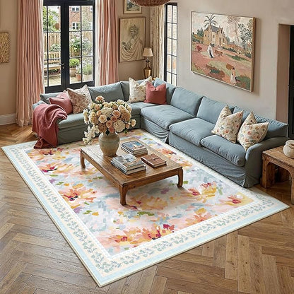6x9 Washable Area Rug Blue Living Room Bedroom Floral Throw Rug Abstract Modern Non Slip Soft Low Pile Carpet for Dining Room Office Nursery Indoor