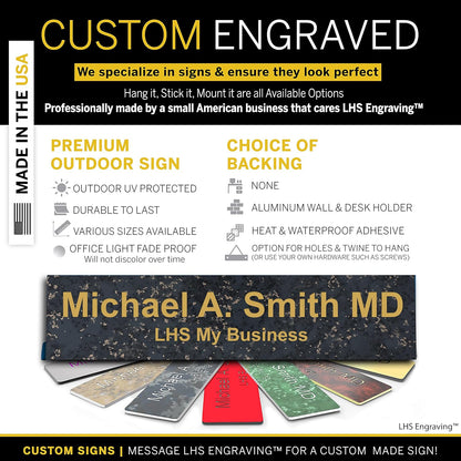 Engraved Custom Door Plate Charcoal Marble Pattern Plastic Office Door Sign with Gold Letters - Made in USA 2x12 - S6