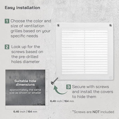 Vent Systems 6" x 6" Inch (Opening Dimensions) White Plastic Soffit Vent Cover - Durable Flat Square Air Vent Grille with Mesh Screen - Weather Ventilation Grill Wall & Ceiling Indoor & Outdoor
