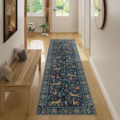 DUKINO Runner Rug, 2x7 Washable Kitchen Rugs for Hallways with Non Slip Backing, Soft Low Pile Vintage Animal Runner for Kitchen, Hallway, Entryway, Laundry, Bedroom, Navy Blue