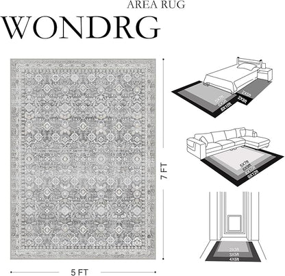 5x7 Grey Modern Washable Area Rug for Living Room Distressed Floral Non Slip Throw Rug Indoor Low Pile Carpet Accent Stain Resistance Bedroom Playroom Office Classroom Nursery