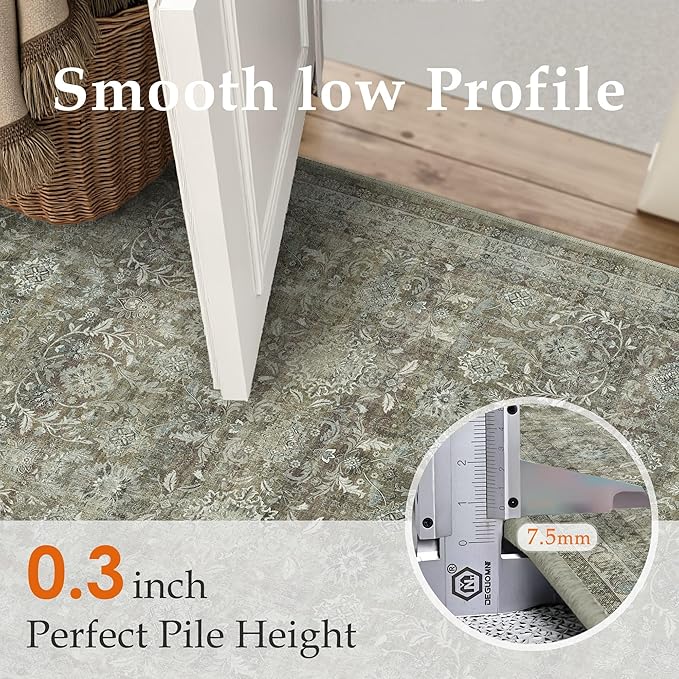 5x7 Washable Neutral Area Rug for Living Room Floral Non Slip Low Pile Throw Rug Vintage Traditional Stain Resistant Carpet Bedroom Kitchen Playroom Office Dining Room