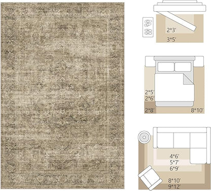 FMFUNCTEX 6x9 Washable Area Rug Brown Vintage Neutral Distressed Oriental Large Non Slip Carpet for Living Room Bedroom Soft Low Pile Indoor Mat Retro Throw Rug for Dining Room Kitchen Office Nursery