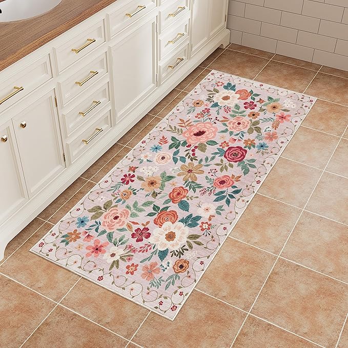 DUKINO 2x4 Rug for Entryway, Washable Kitchen Floral Runner Rug with Non Slip Backing, Low Pile Soft Boho Carpet for Kitchen, Hallway, Entryway, Laundry, Bedroom, Beige