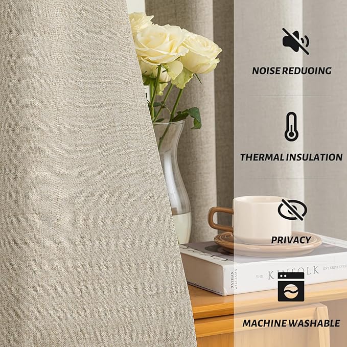 Yakamok Natural Linen Curtains 100% Blackout 84 Inches Long,Room Darkening Textured Curtains for Living Room Thermal Grommet Bedroom Curtains 2 Panels with Greyish White Liner
