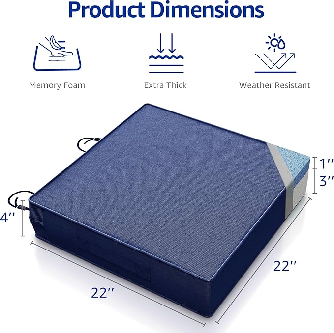 YENING 22x22 Memory Foam Outdoor Chair Cushions Waterproof 4 Inch Extra Thick Patio Seat Pads for Furniture Navy Blue Set of 2