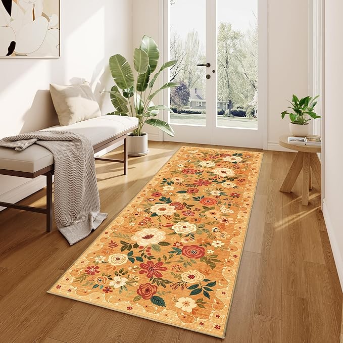 DUKINO 2x6 Runner Rug for Hallway, Washable Kitchen Runner Rug with Non Slip Backing, Low Pile Soft Boho Floral Runner for Kitchen, Hallway, Entryway, Laundry, Bedroom, Orange
