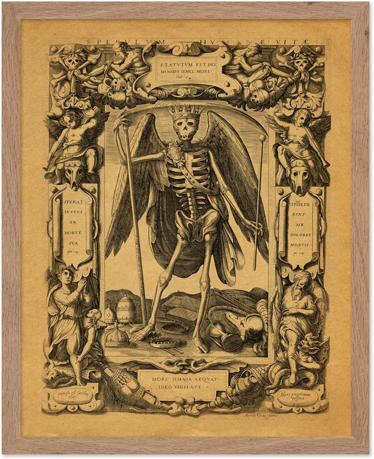 Poster Master Vintage Medieval Poster - Retro Gothic Print - Gift for Artist, Friend - Angel of Death, Memento Mori, Life, Skeleton, Dark - Wall Decor for Home, Living Room, 16x20 Beige Framed