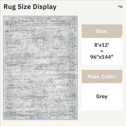 Soalmost Washable Area Rug 8x12, Large Soft Rugs for Living Room Vintage Grey Carpet 8x12 Area Rugs for Bedroom Dining Room Non-Slip Stain Resistant Under Table Rug