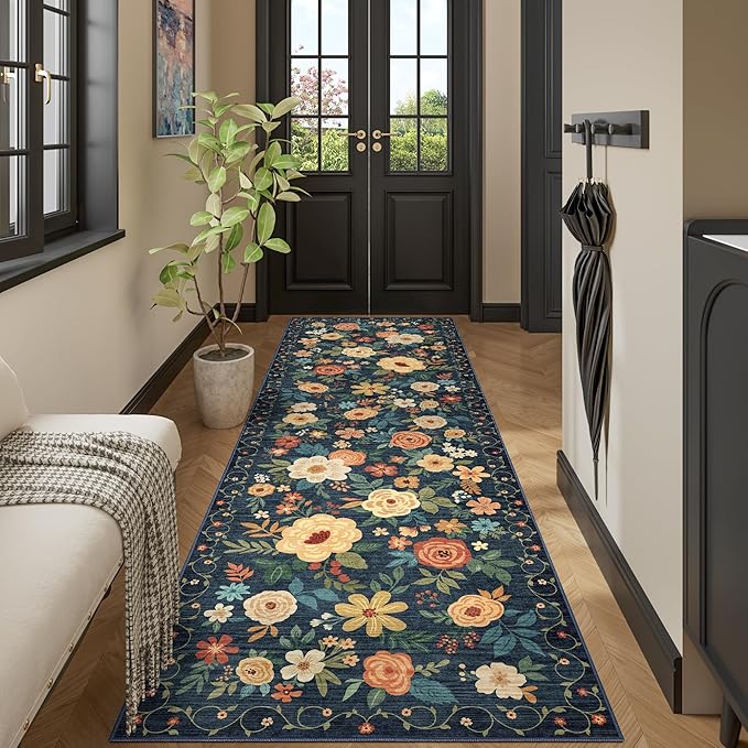DUKINO 3x10 Runner Rug for Hallway, Washable Kitchen Floral Runner Rug with Non Slip Backing, Low Pile Soft Boho Carpet for Kitchen, Hallway, Entryway, Laundry, Bedroom, Navy Blue