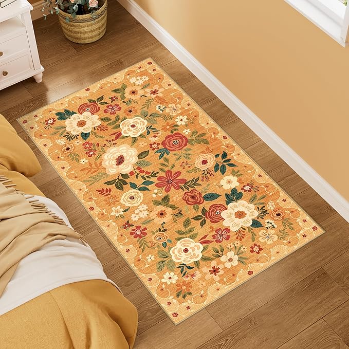 DUKINO 2x4 Rug for Entryway, Washable Kitchen Floral Runner Rug with Non Slip Backing, Low Pile Soft Boho Carpet for Kitchen, Hallway, Entryway, Laundry, Bedroom, Orange