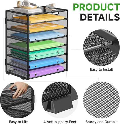 8 Tier Paper Organizer with Handle, Metal Mesh Desk File Organizer, Large Capacity Desk Organizers Paper Letter Tray Desktop Document Sorter for Office, Home or School - Black