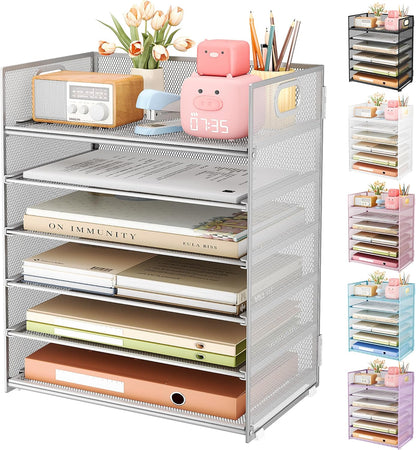 Subekyu 6 Tier Paper Organizer for Desk with Handle, Metal Mesh Desk Office File Folder Paper Letter Tray Accessories Organizer Sorter for Home, School, Office Desktop Document Organization - Silver