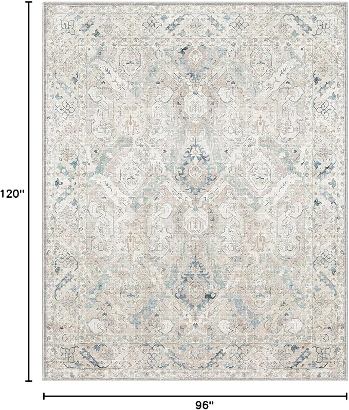 8x10 Area Rugs for Living Room, Machine Washable Non Slip Vintage Retro Rugs, Low Pile Lightweight Chenille Print Indoor Rug for Bedroom, Dining Room, Home Office(Grey/Blue/TAN/Teal/Green)