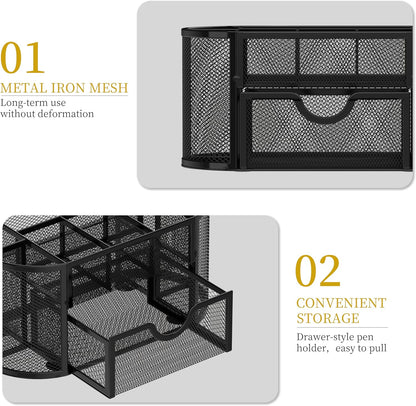 SUPEASY Mesh Desk Organizer, Desk Accessories & Workspace Organizers with Drawers, Pencil Holder for Desk with 9 Compartments for Office Supplies, 8.6 x 4.3 x 4.1 Inch, Black