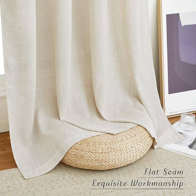 NICETOWN Linen Curtains for Windows 90 inch Long, Grommet Semi Sheer Vertical Drapes Privacy Added with Light Filtering for Bedroom/Living Room, Natural, W34 x L90, 2 Pieces