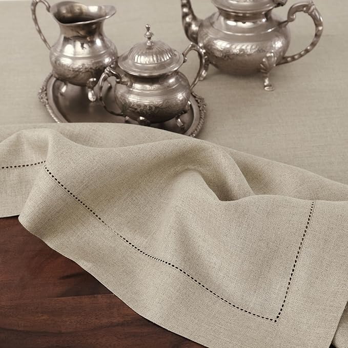 Solino Home Linen Natural Table Runner 144 Inches Long - 100% Pure Linen Extra Long Table Runner 14 x 144 Inch for Christmas, New Year - Classic Hemstitch