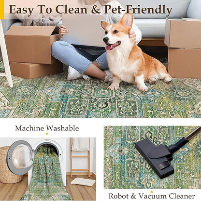 9x12 Washable Vintage Area Rug Green Oriental Living Room Bedroom Throw Rug Neutral Non Slip Soft Low Pile Carpet for Dining Room Office Nursery Indoor