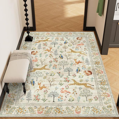 DUKINO 3x5 Rug, Washable Animal Area Rug with Non Slip Vintage Design, Indoor Soft Low Pile Carpet for Bedroom, Nursery, Dining Room, Farmhouse, Playroom, White