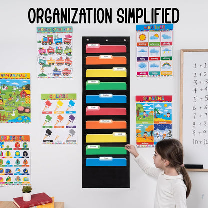 Essex Wares - 10 Pocket File Pocket Chart, Black, 14" Wide x 47" Tall - Versatile Wall Hanging File Folder Organizer for Classroom, Office, Home, and More - Wall Folder Organizer - 10 Pockets