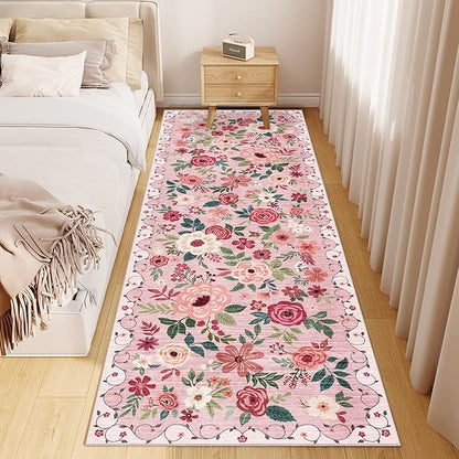 DUKINO 2x10 Kitchen Runner Rug for Hallway, Washable Runner Rug with Non Slip Backing, Low Pile Soft Boho Floral Carpet for Kitchen, Hallway, Entryway, Laundry, Bedroom, Pink