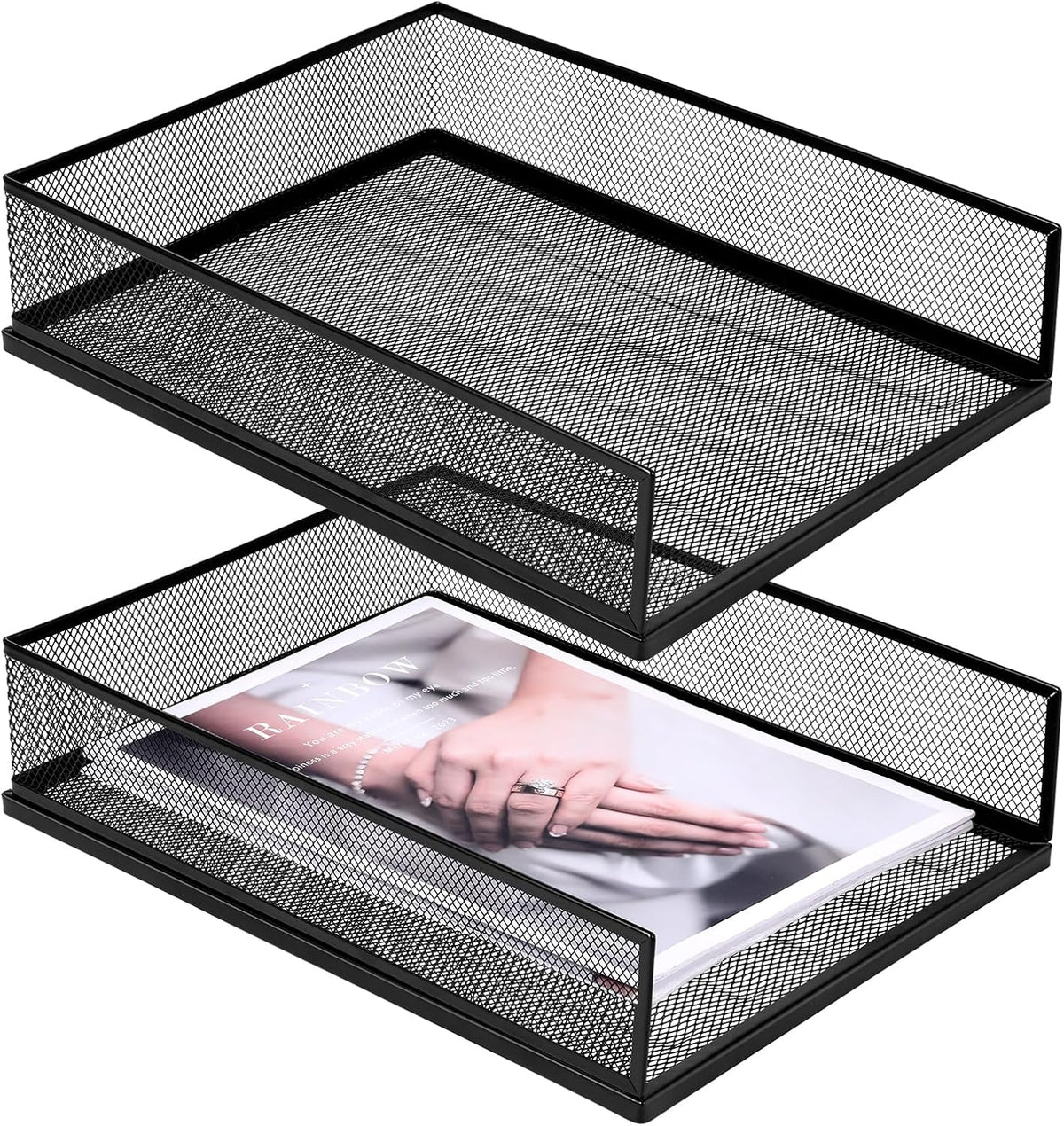 Magazine File Holder, 2 Pack Desk Organizer and Accessories, Metal Paper Tray Office Document Organizer Wire Mesh Letter Trays Stackable Desk File Storage Basket, Black