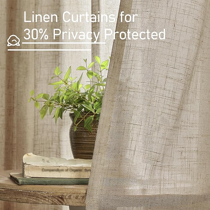 LAMIT Taupe Linen Curtains 24 Inch Length, Semi Sheer Light Filtering Window Panels Back Tab and Rod Pocket Drapes for Basement/Small Windows, 25 x 24 Inch, 2 Panels