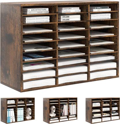 Mail Organizer Countertop, 27 Slots Wooden Desk File Literature Sorter, Adjustable Paper Storage Shelves Document Holder, Space Saving Desktop Mailbox for Office Classroom, Rustic Brown