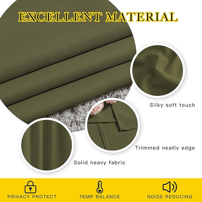 NICETOWN Blackout Olive Green Curtains 63 inches Long, Functional Blackout Window Treatments Thermal Drapes Privacy Assured for Bedroom, 2 Panels, W52 x L63