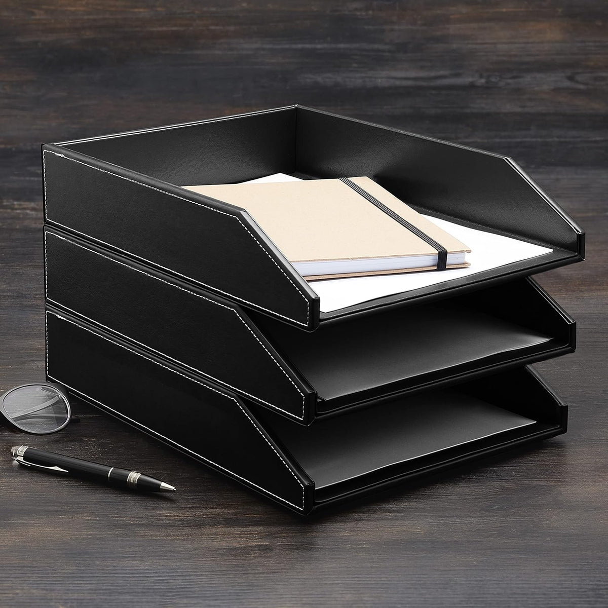 Gallaway Leather Letter Tray Organizer - PU Leather Desk Tray, Perfect for Office Organization, Document Holder Fits A4 Paper, Stackable Drawers for Extra Storage (Black)