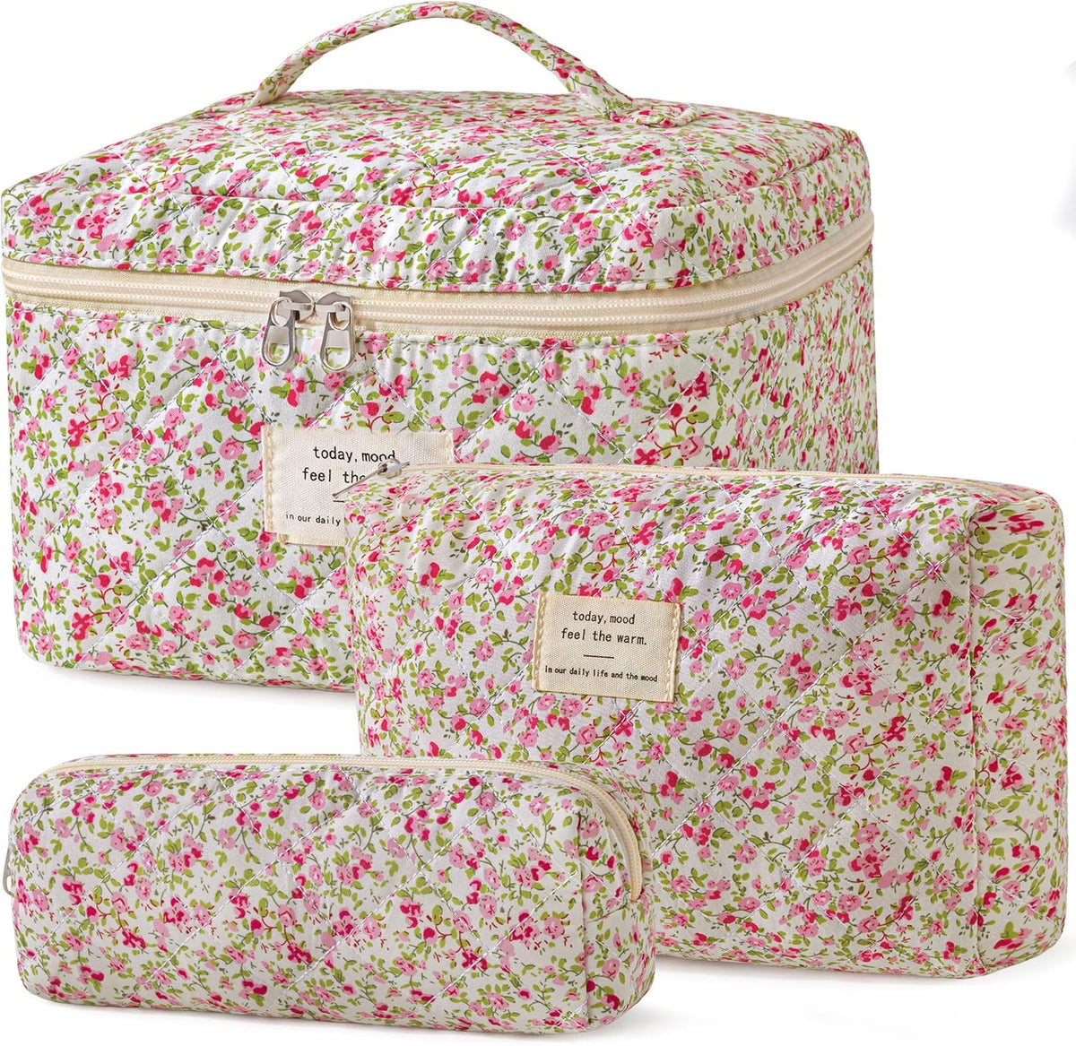 HBselect Quilted Makeup Bag, 3PCS Cotton Large Travel Makeup Bag, Cute Floral Coquette Make up Bag Cosmetic Bag Toiletry Bag for Women Girls