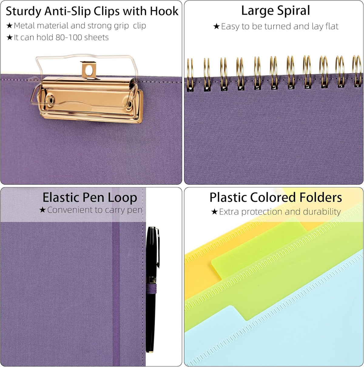 Ospelelf Foldable Spiral Clipboard Folio with Storage Zipper Pouch, 5 Plastic Folders with 10 Pockets,Refillable Lined Notepad (11" x 8.5"), Hardcover Project Organizer with 39 Stickers (Purple)