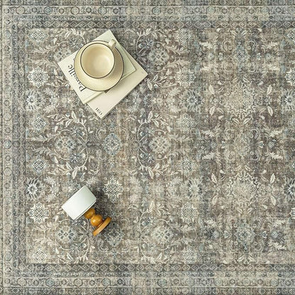 5x7 Washable Neutral Area Rug for Living Room Floral Non Slip Low Pile Throw Rug Vintage Traditional Stain Resistant Carpet Bedroom Kitchen Playroom Office Dining Room
