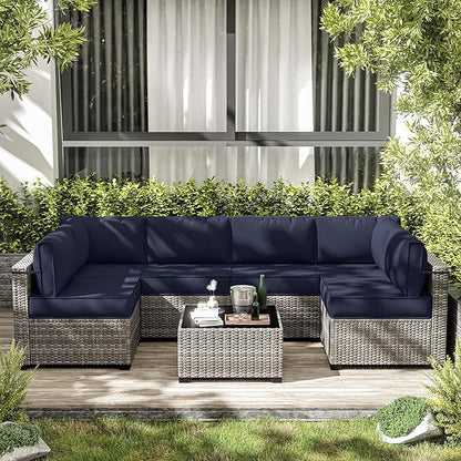14-Piece Outdoor Cushions for Patio Furniture Thick Outdoor Chair Cushions 5" Foam High-Density Water-Resistant Deep Seat Cushion for 6-Seat Sectional Sets Liner&Cover Navy Blue